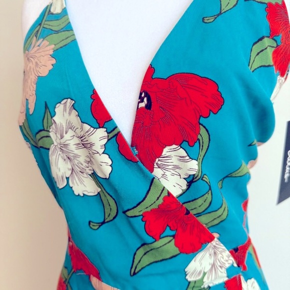 Lulus Country Club Teal Blue Floral Print Wrap Midi Dress Size S NWT - Picture 7 of 15